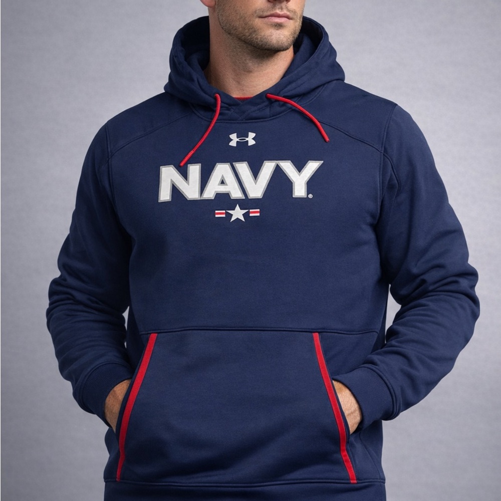 Under Armour Navy “NAVY” Hoodie Men’s Size L Blue Pullover Athletic Sweatshirt